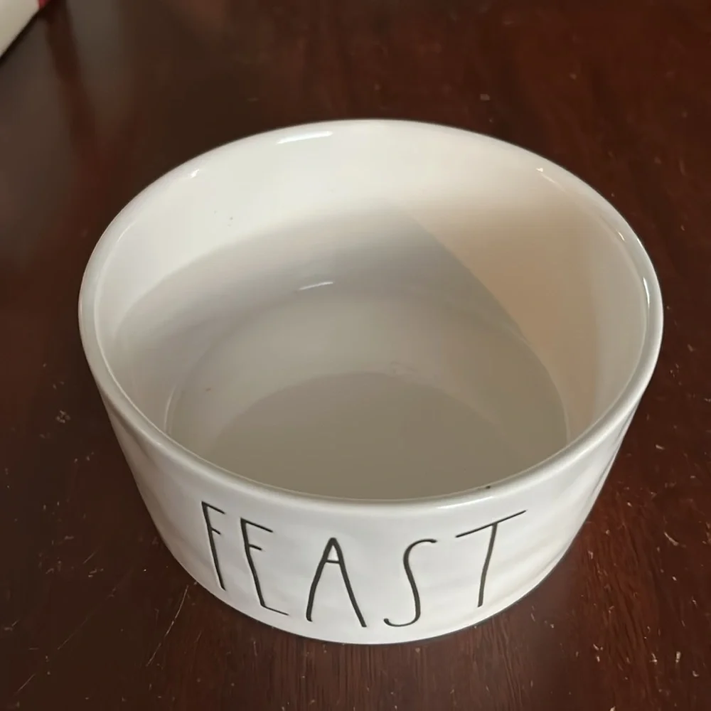 Rae Dunn ceramic cat bowl. “Feast” EUC